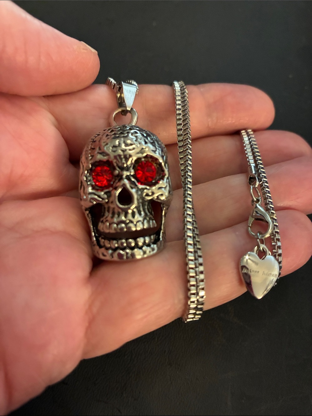 Silver Skull Pendant Necklace with Red Crystal Eyes - - Picture 7 of 7